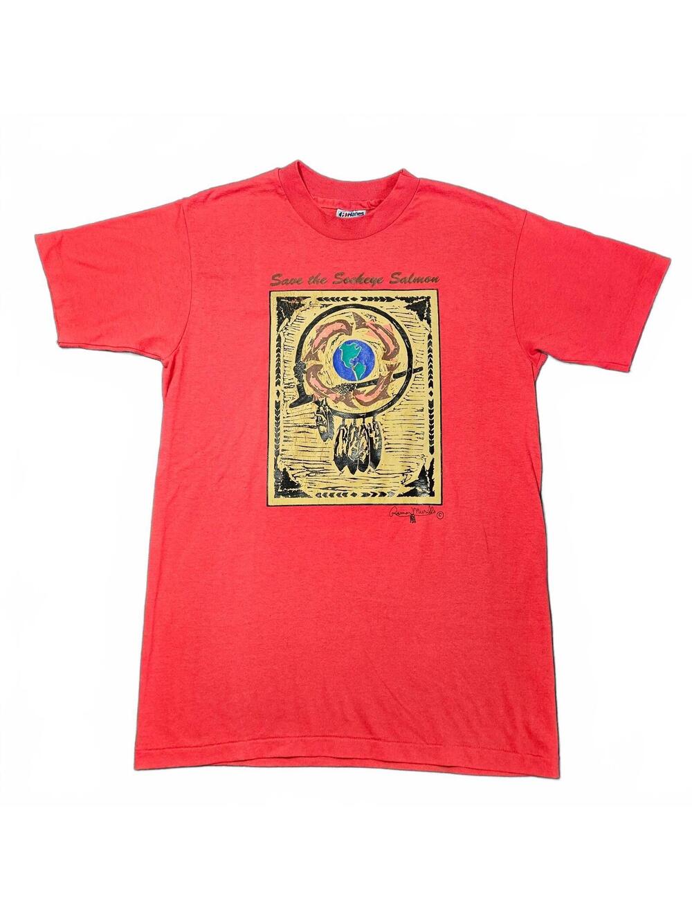 Vintage Medium Red Save the Sockeye Salmon Graphic T-Shirt Native Single Stitch